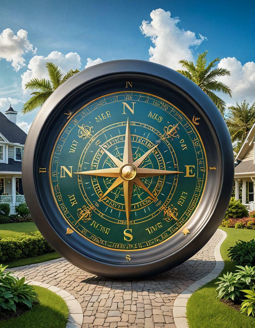 A detailed, illustrated compass surrounded by a variety of insurance symbols like home, car, health icons, and claims papers, set against a backdrop of a winding path to symbolize navigation. The image should convey clarity and guidance, emphasizing the complexity of the insurance world in an engaging manner. super-realistic. vibrant colors. 3D.