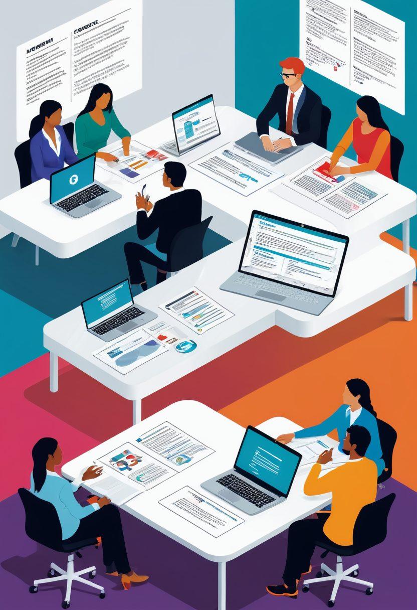 A visually engaging infographic illustrating the claims process, featuring a clear step-by-step flowchart with bold icons representing each stage; include a diverse group of people discussing claims over a table, papers, and laptops. The background should have a subtle hint of a modern office setting. Use vibrant colors to enhance understanding and appeal. modern infographic style. vibrant colors. clean layout.